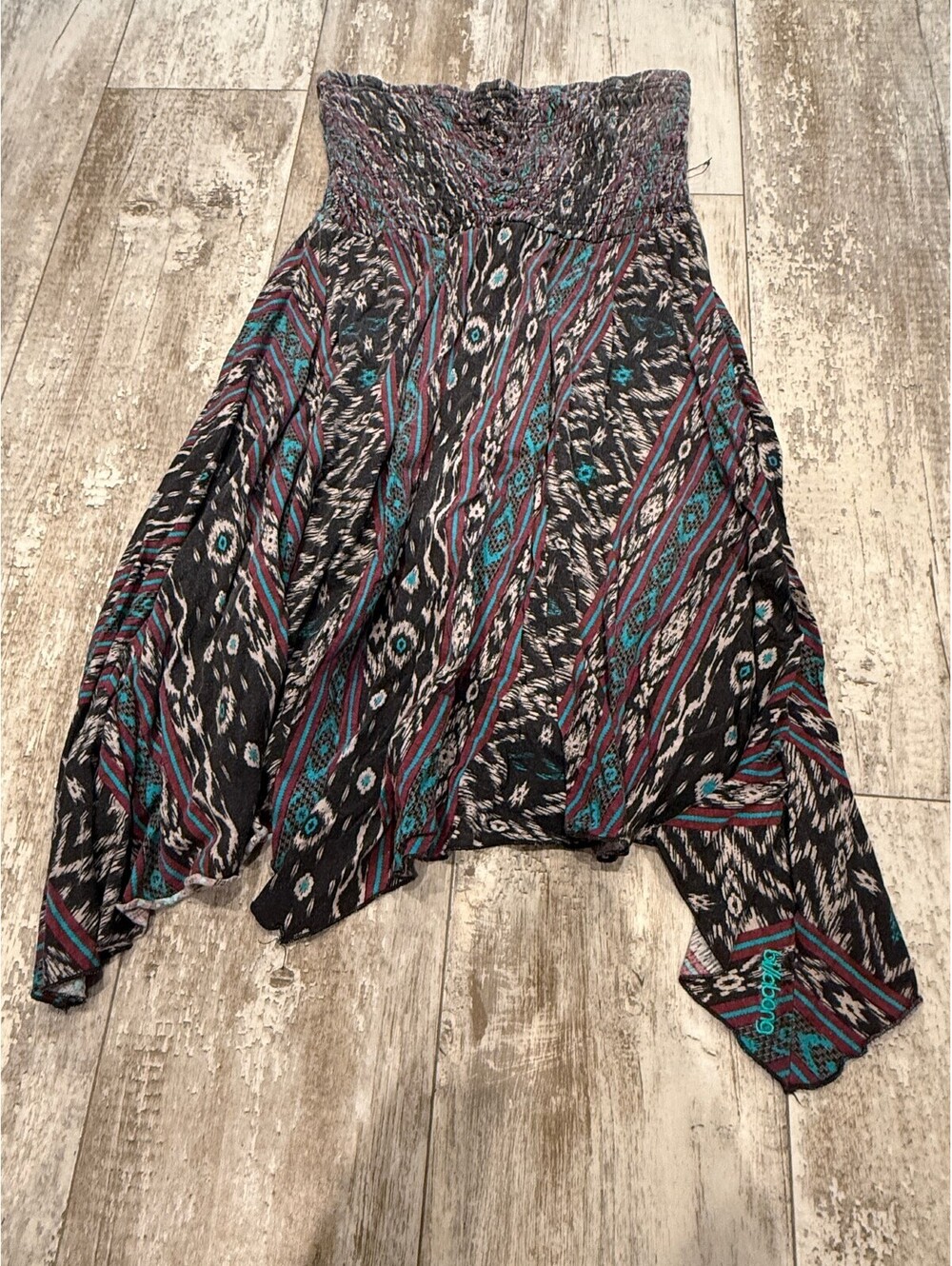 BillaBong Strapless Boho Smocked Handkerchief Midi Dress